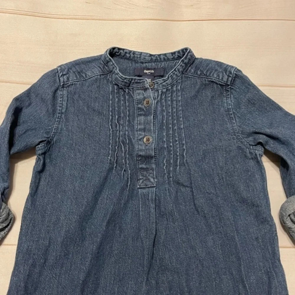 Gap Kids S 100% cotton dark‎ wash denim half button up high collar A line dress